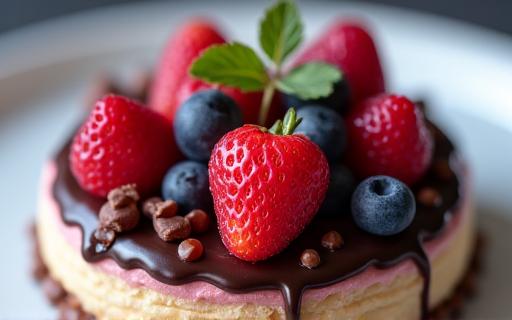 Kunstvoll angerichtetes Dessert mit frischen Beeren und Schokolade