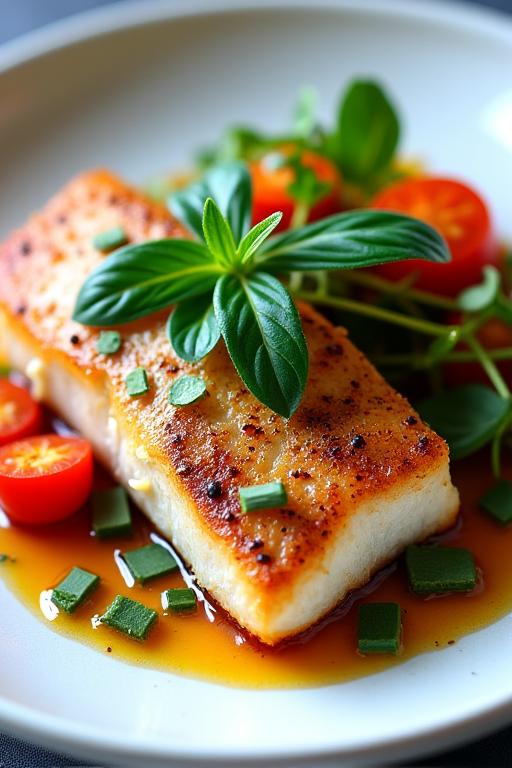 Gourmet-Gericht mit gebratener Forelle, Kräutern und saisonalem Gemüse