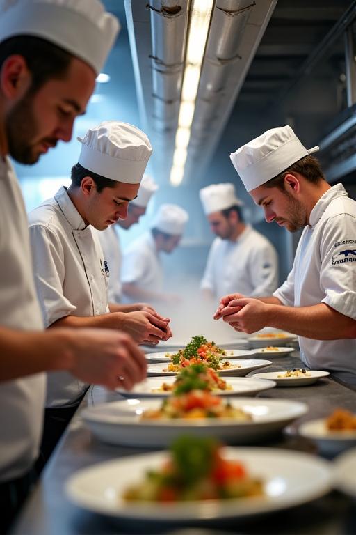 Das Küchenteam von AlpenHerd Culinaire arbeitet konzentriert an der Zubereitung der Speisen
