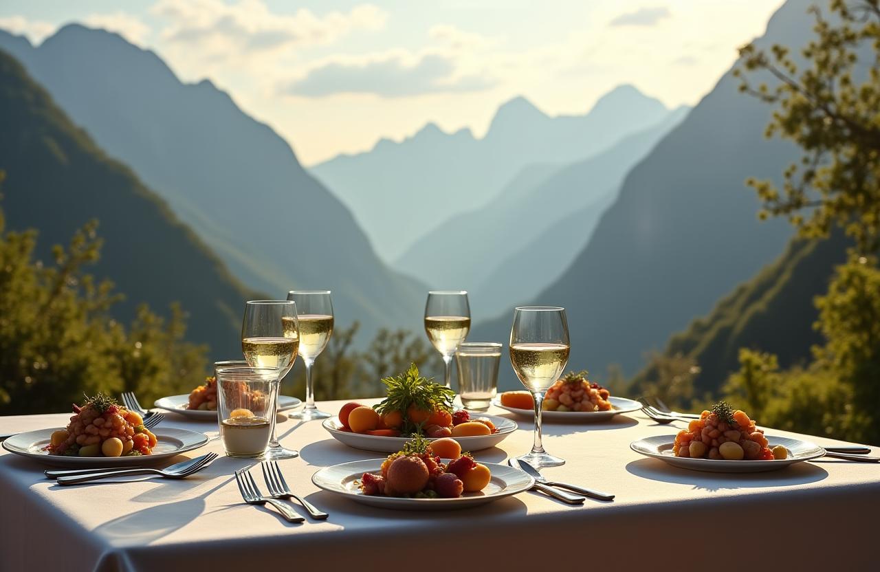 Elegant gedeckter Tisch mit Gourmet-Gerichten vor einer alpinen Bergkulisse