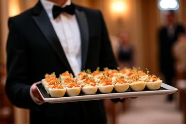Professioneller Kellner serviert Hors d'oeuvres bei einem eleganten Event